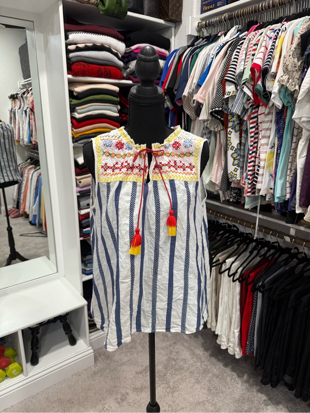 Striped Embroidered Sleeveless Top with Tassels - Navy & White